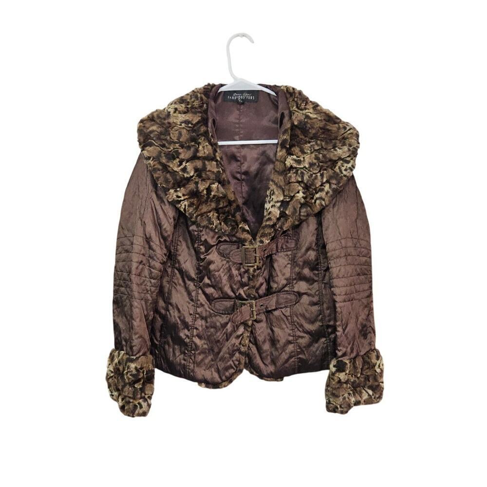 DONNA SALYERS FABULOUS Furs Brown Coat Jacket Faux Fur Trim Small Animal Print